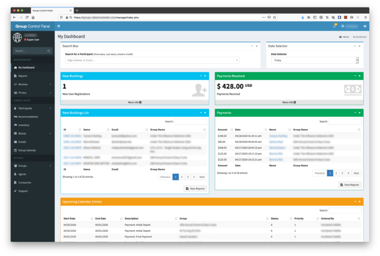 Full Group Control Panel Dashboard View